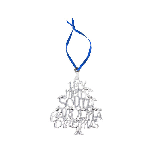 A Very Merry South Carolina Christmas Pewter Ornament Cobalt Blue Ribbon