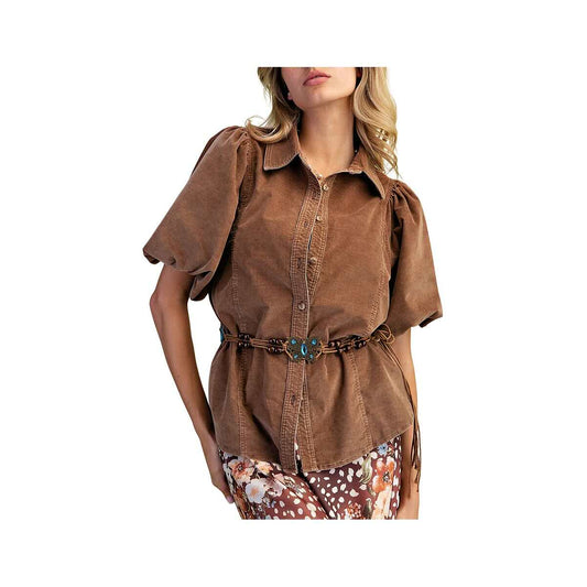 Easel Women's Bubble Short Sleeve Mineral Wash Top, Mocha