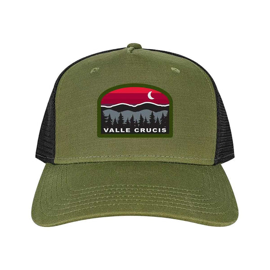 Valle Crucis Roadie Mountain Sunset Trucker Hat Olive Blk Trucker