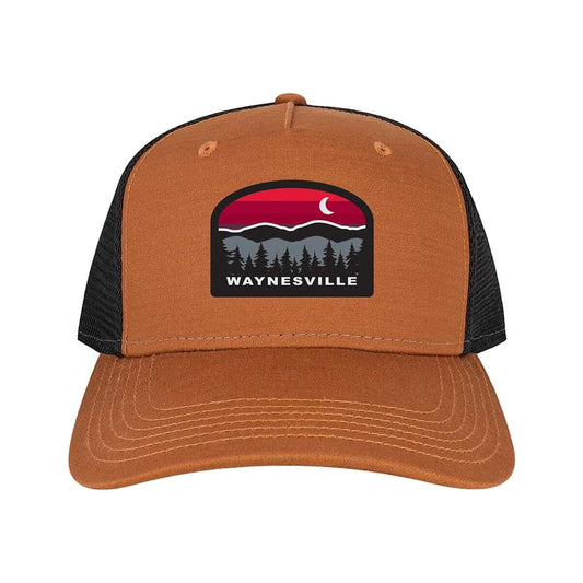 Waynesville Roadie Mountain Sunset Trucker Hat Copper Blk Trucker