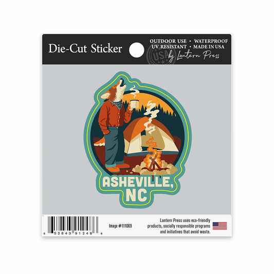 Lantern Press Asheville Camping Coyote Vinyl Sticker