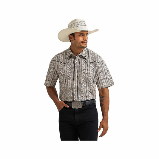 Wrangler Men's Vintage-Inspired Piped Printed Western Short Sleeve Snap Shirt Black White