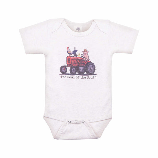 Barefoot Baby Baby Mast General Store Tractor & Friends Short Sleeve Onesie Soft Beige