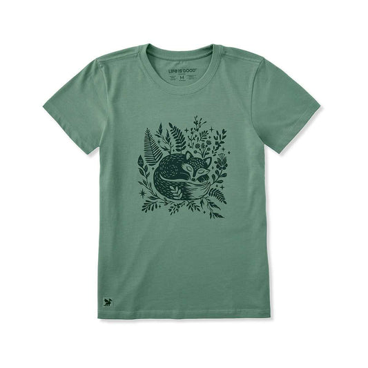 Life is Good Women's Sleeping Fox on Ferns Short Sleeve Crusher T-Shirt Granite Green
