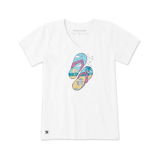 Life is Good Women's Beachy Sailing Flip Flops Short Sleeve Crusher-Lite V-Neck T-Shirt Cloud White