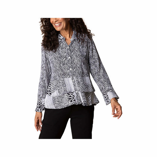 Habitat Women's Bali Breeze Mixed Pattern Long Sleeve Flounce Shirt Black