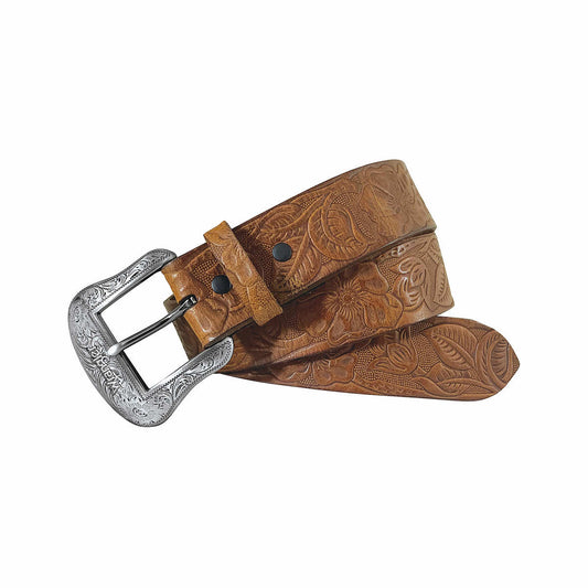 Wrangler Women's Bridle Leather Floral Embossed Belt Brown