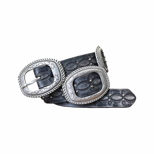 Wrangler Women's Distressed Leather Silver Slider Conchos Belt Black