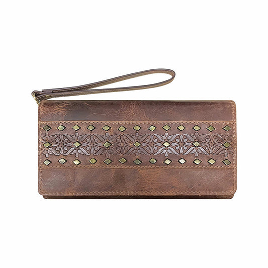 Wrangler Floral Embossed Stud Trim Wristlet Wallet Brown