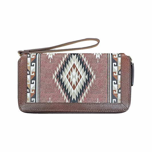 Wrangler Aztec Pattern Man-Made Leather Zip-Around Wristlet Wallet Brown
