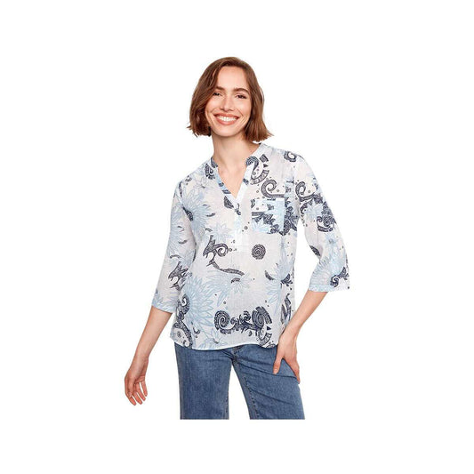 Charlie B Women's Printed Roll Up Long Sleeve Blouse Feather P