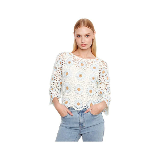 Charlie B Women's 3/4 Sleeves Flower Hand Crochet Sweater With Scallop Hem Powder P