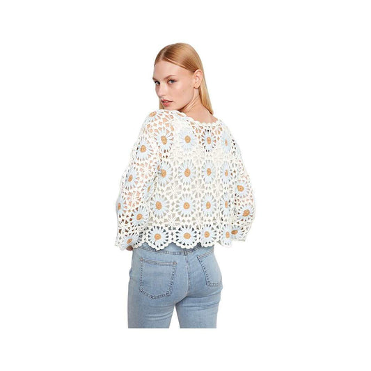 Charlie B Women's 3/4 Sleeves Flower Hand Crochet Sweater With Scallop Hem Powder P