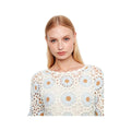 Charlie B Women's 3/4 Sleeves Flower Hand Crochet Sweater With Scallop Hem  Powder P
