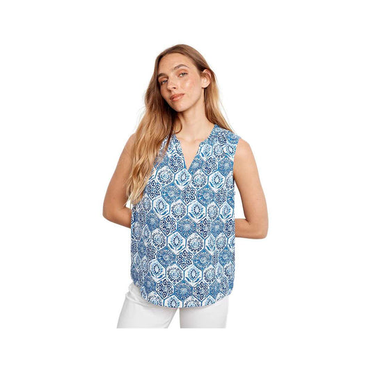 Charlie B Women's Printed Ruffle Neck Sleeveless Top Mosaic P