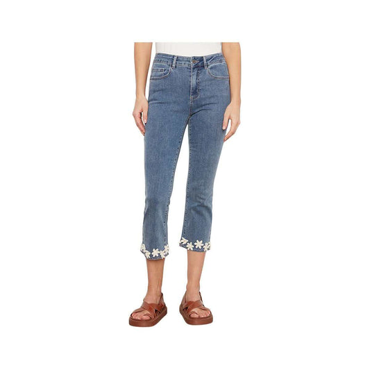 Charlie B Women's Flare Leg Stretch Denim Pants with Floral Trim Mediumblue