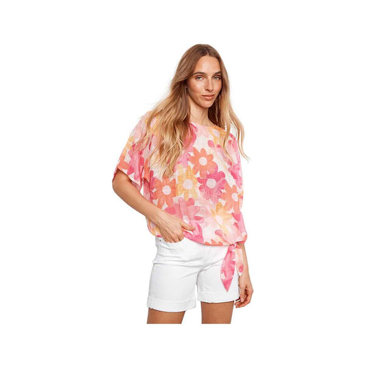 Charlie B Women's Printed Cotton Gauze Dolman Short Sleeve Blouse With Side Tie Dandy P