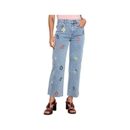 Charlie B Women's All Over Floral Embroidered Wide Leg Stretch Denim Pants Lt Blue