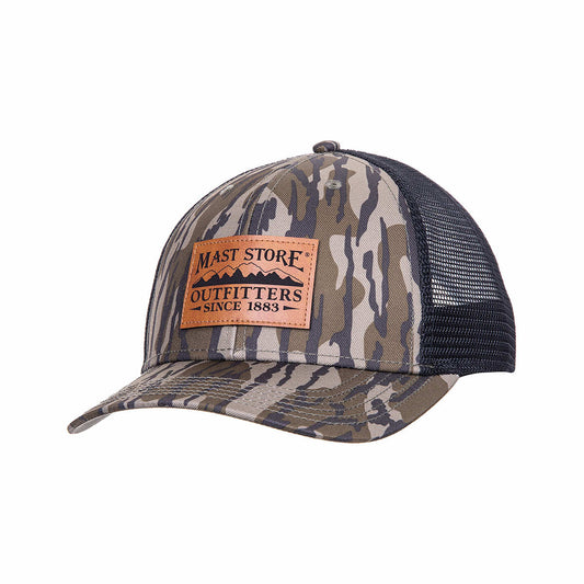 Mast Store Outfitters Leather Patch Camo Trucker Hat Bottomland Blk