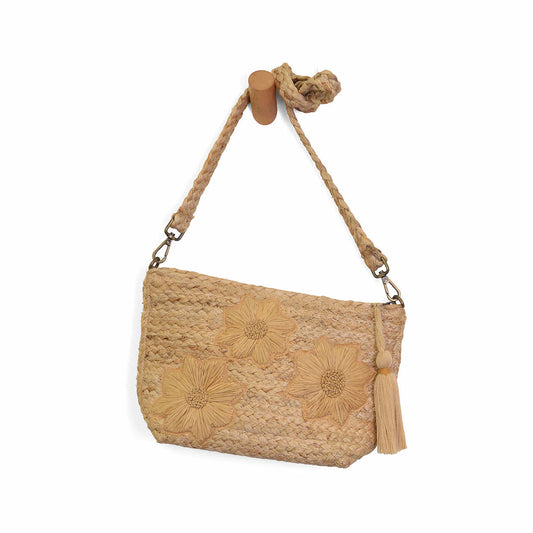 Color swatch for Joy Susan Daisy Indy Jute Crossbody Handbag in Turq
