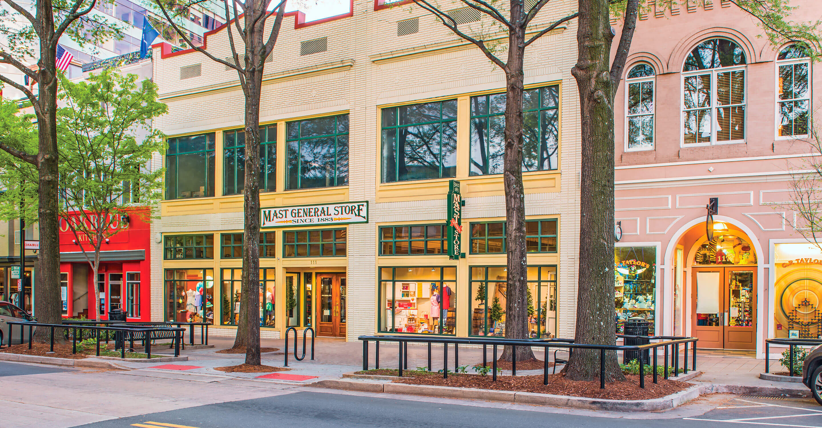 Street view of the Mast General Store in downtown Greenville, SC on a spring morning