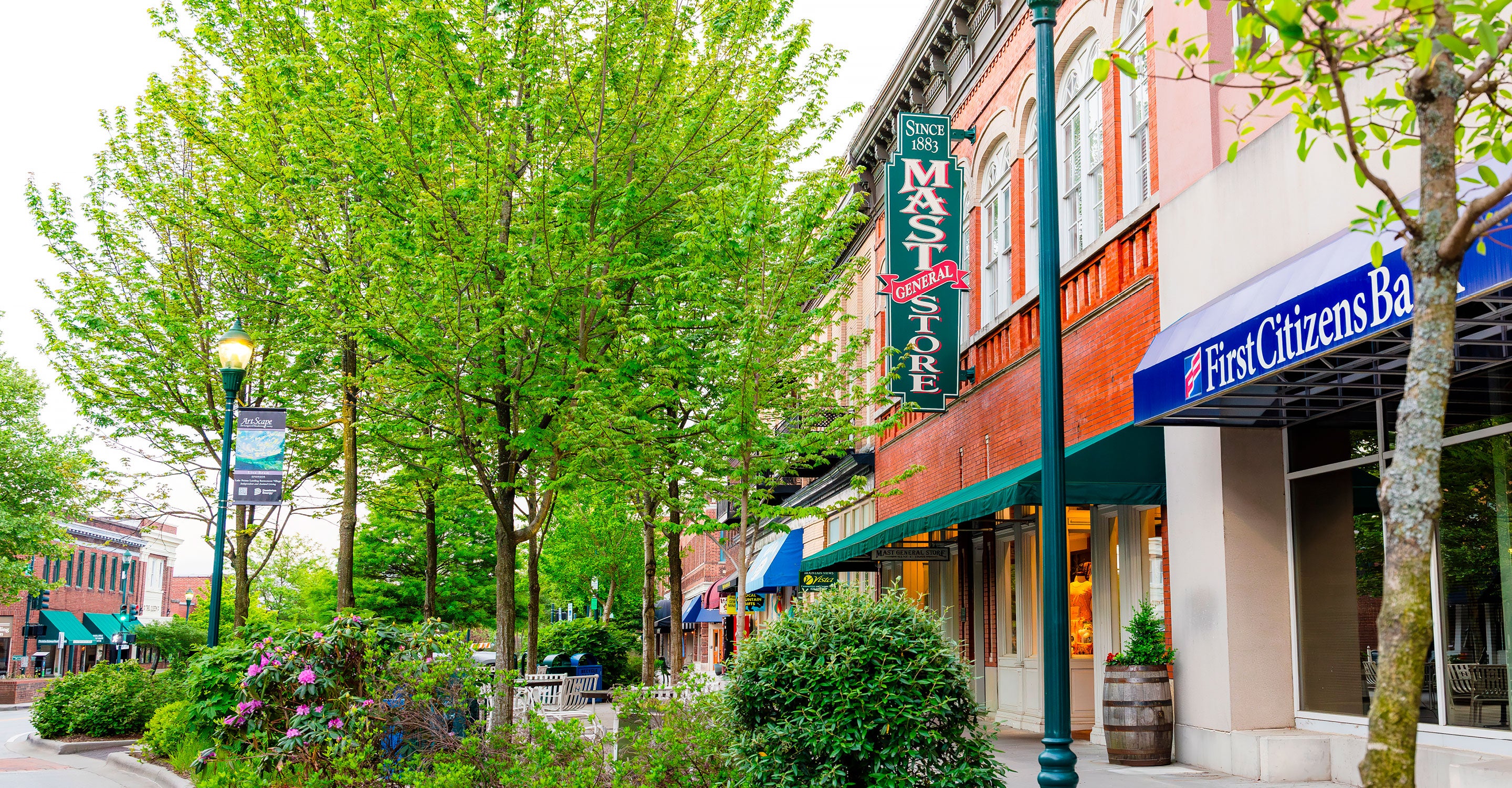 Street view of the Mast General Store in downtown Hendersonville, NC on an early spring morning