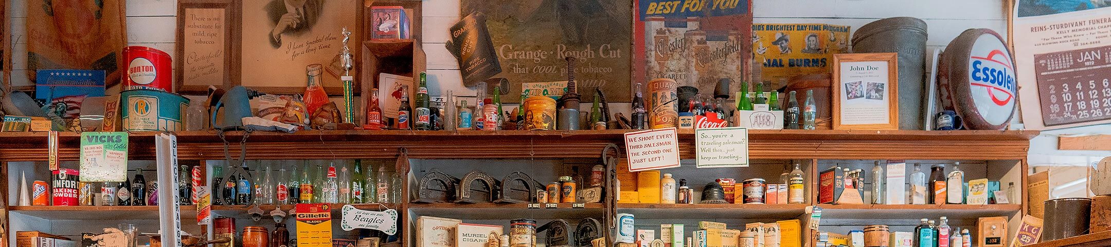 Original Mast Store shelves with antiques and various products 