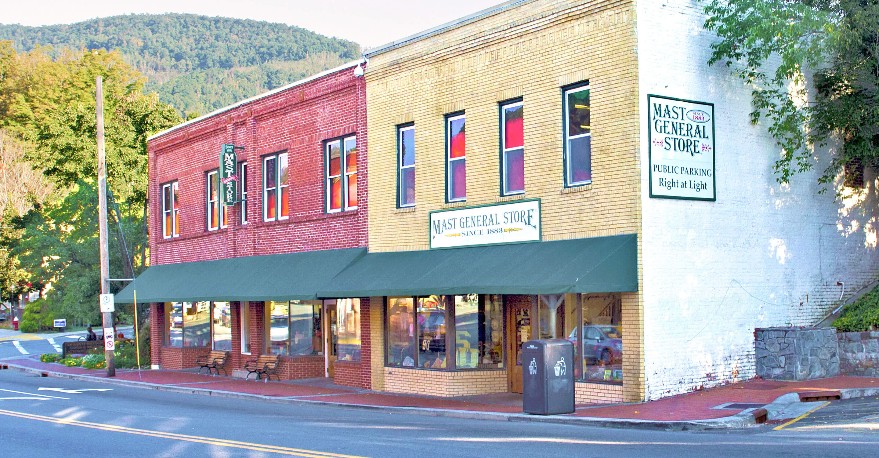 Street view of the Mast General Store in Boone, NC on a sunny evening
